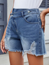 Distressed Raw Hem Asymmetrical Waist Denim Shorts OutfitFlow